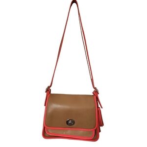 Coach Rambler Tan & Coral Leather Flap Shoulder Bag